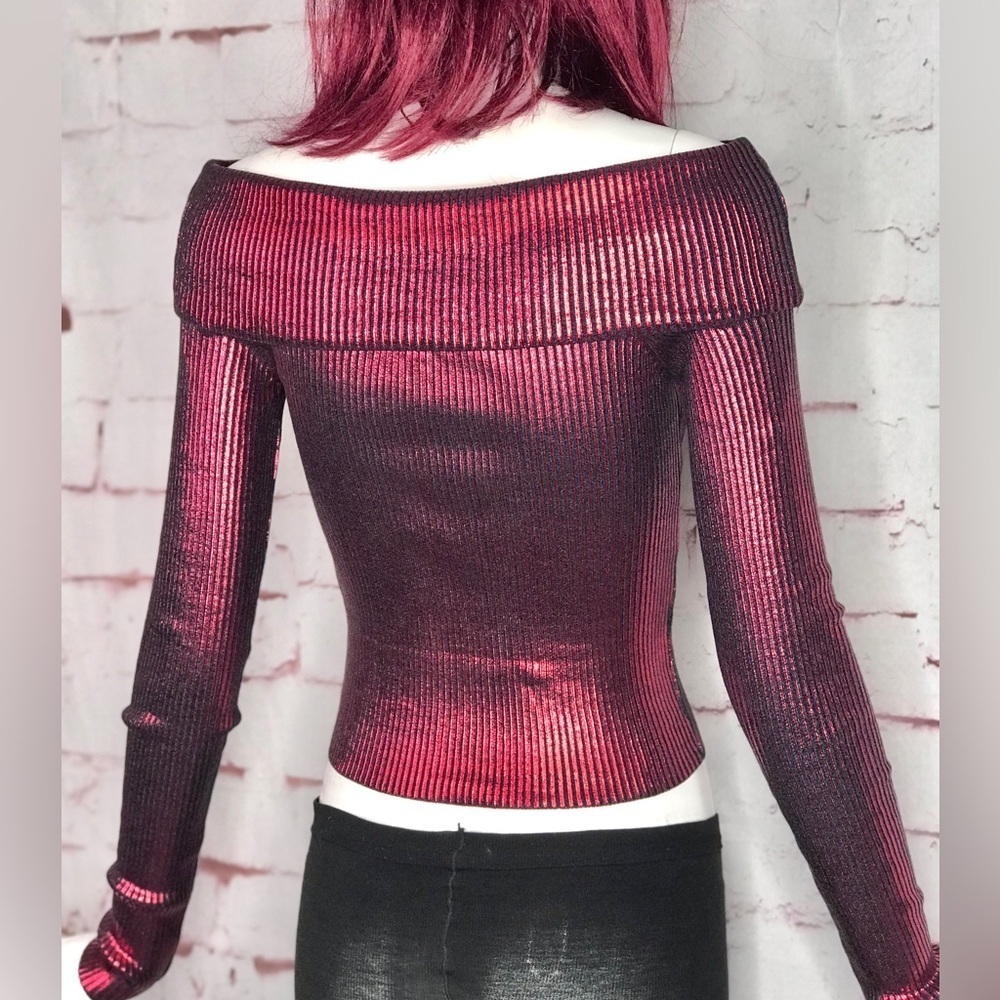 NEW ZARA XS Off the Shoulder Red Metallic Knit Foil Stretch Top NEW WITH TAG - Picture 4 of 15